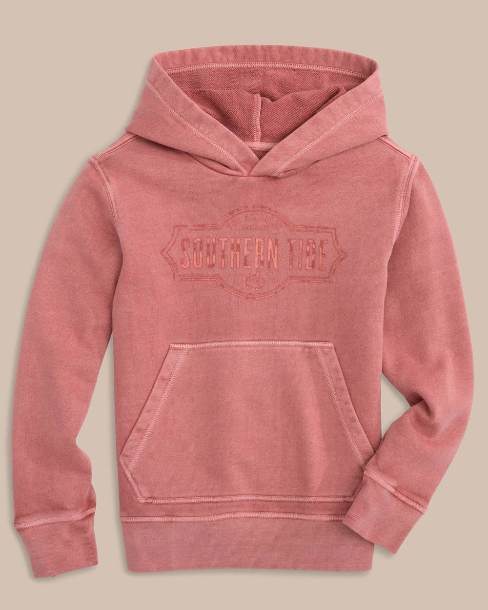 The front view of the Southern Tide Kids Sun Farer Upper Deck Long Sleeve Hoodie by Southern Tide - Dusty Coral