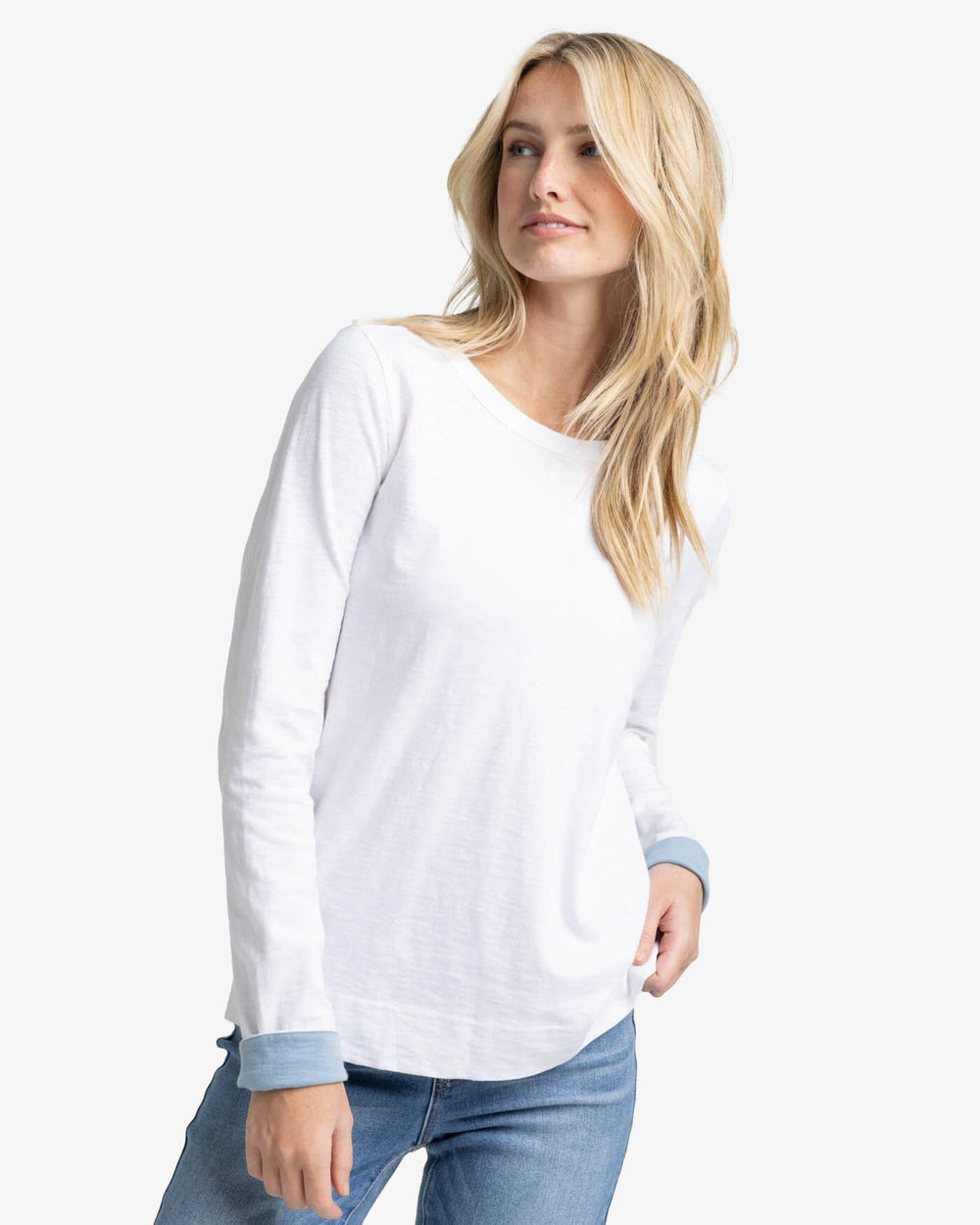 The front view of the Southern Tide Kimmy Crew Neck Long Sleeve T-Shirt by Southern Tide - Classic White