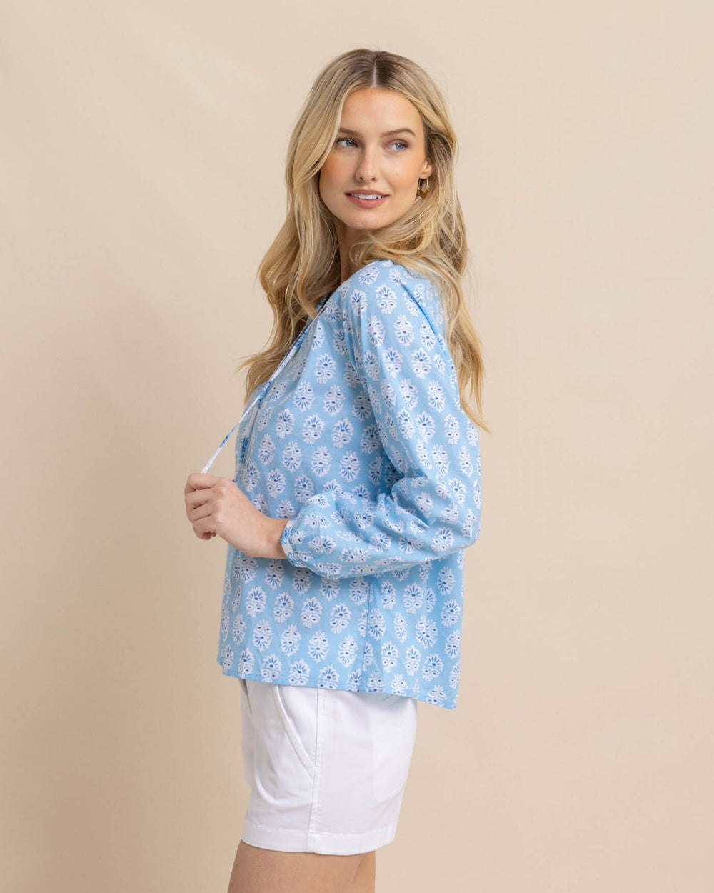 The front view of the Southern Tide Kinsey Garden Variety Printed Top by Southern Tide - Clearwater Blue