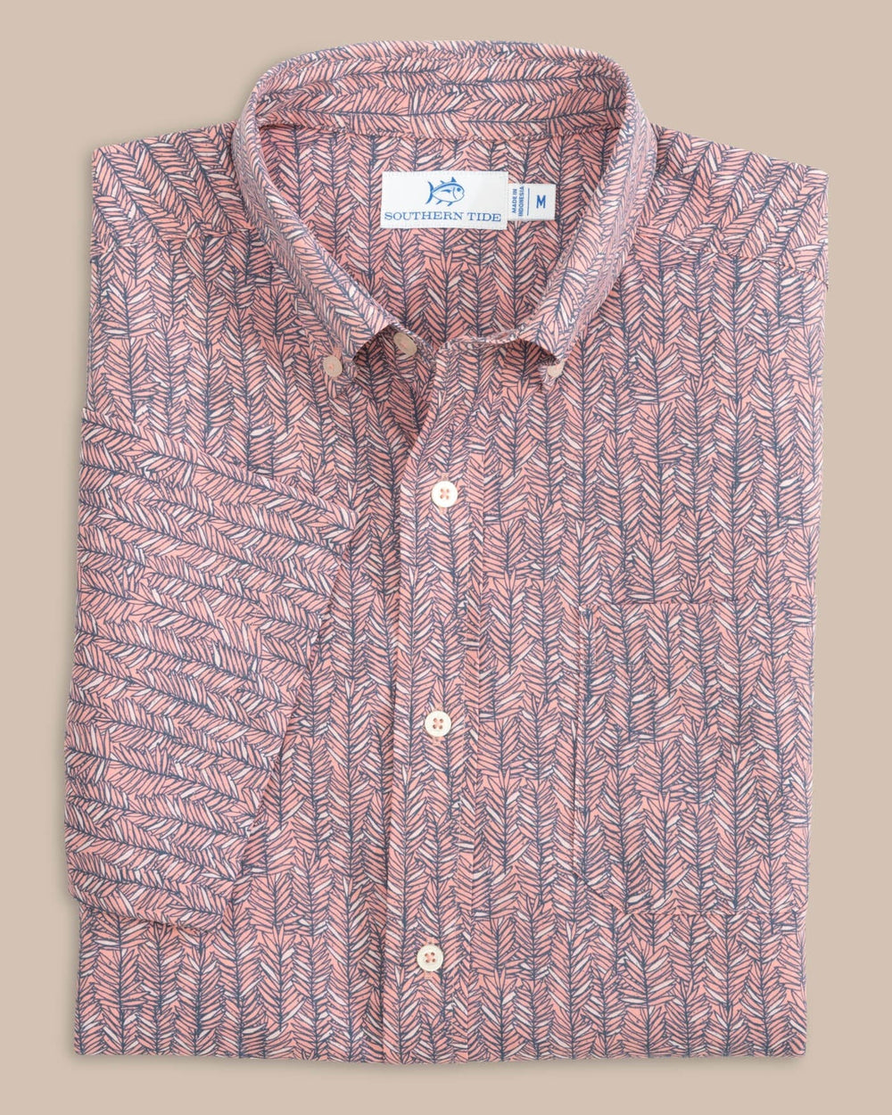 The front view of the Southern Tide Leagally Frond Intercoastal Short Sleeve Sport Shirt by Southern Tide - Flamingo Pink