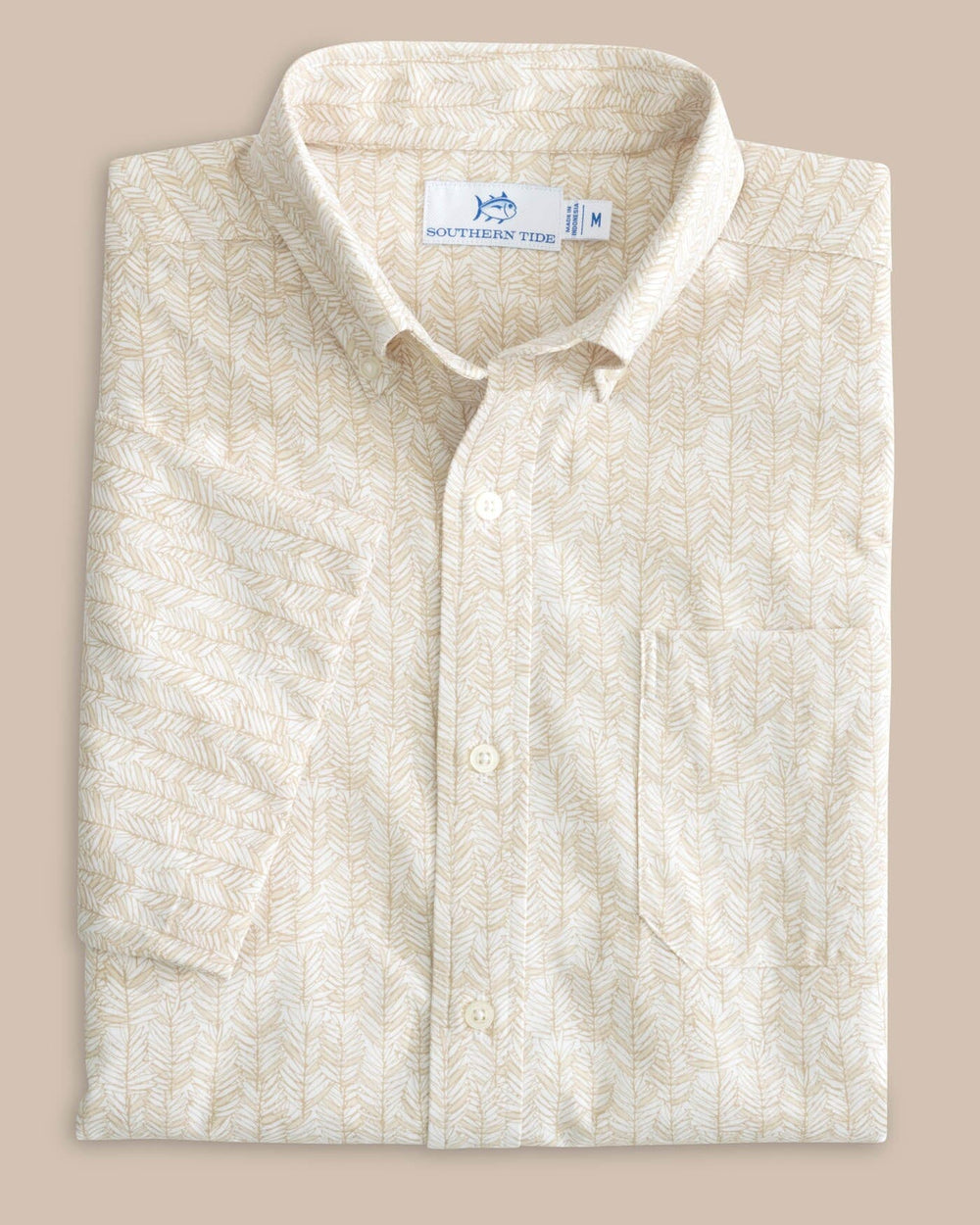 The front view of the Southern Tide Leagally Frond Intercoastal Short Sleeve Sport Shirt by Southern Tide - Whitecap Khaki