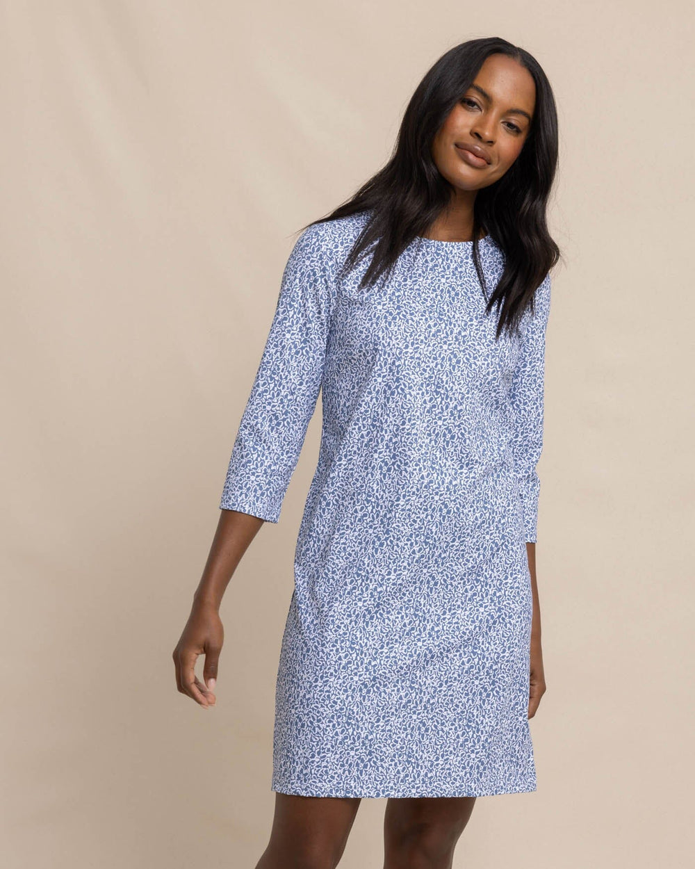 The front view of the Southern Tide Leira That Floral Feeling Print Performance Dress by Southern Tide - Coronet Blue