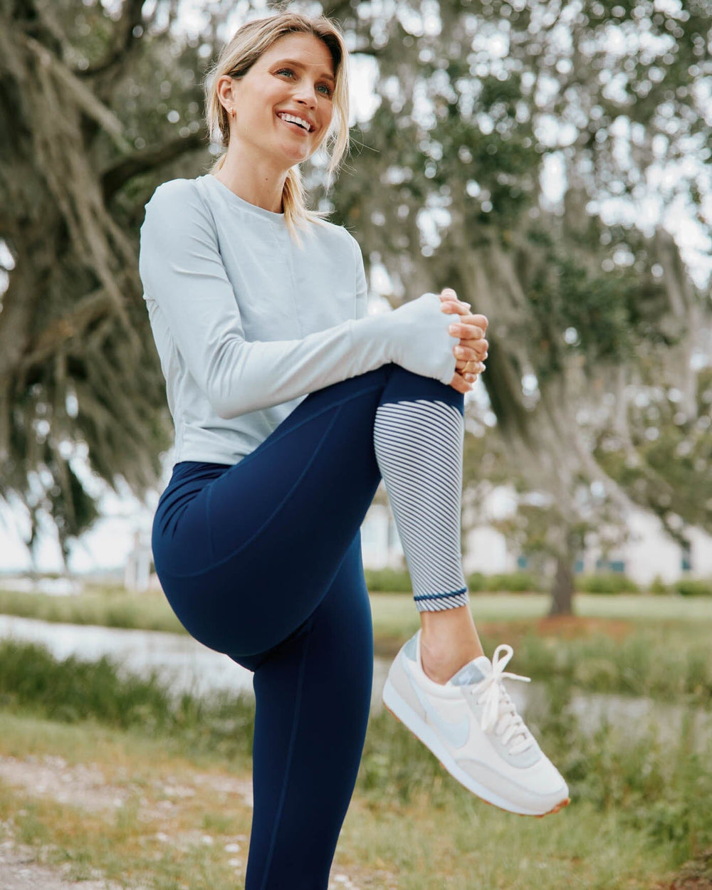 The front view of the Southern Tide Lexi Colorblock High Waisted Legging by Southern Tide - Nautical Navy