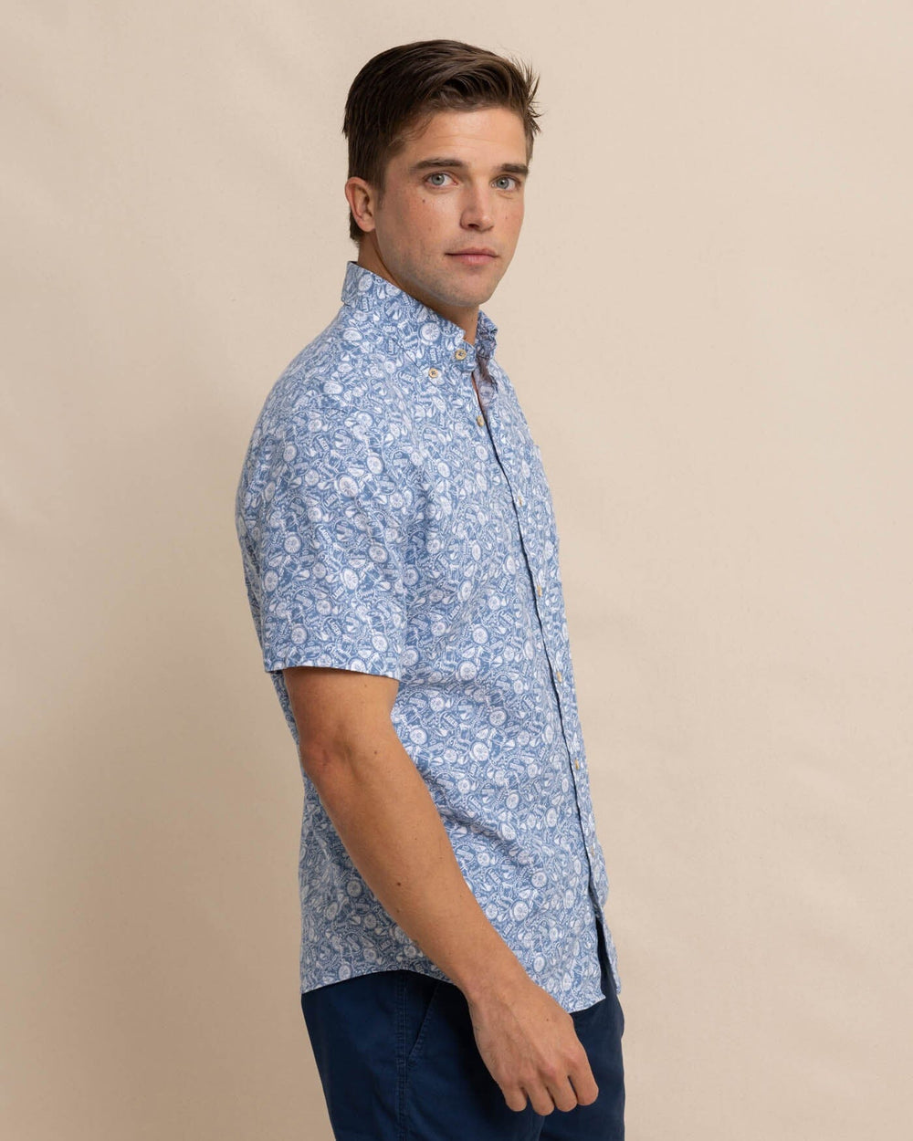 The front view of the Southern Tide Linen Rayon Caps Off Short Sleeve Sport Shirt by Southern Tide - Coronet Blue