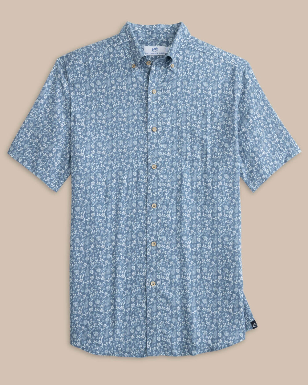 The front view of the Southern Tide Linen Rayon Ditzy Floral Short Sleeve Sport Shirt by Southern Tide - Coronet Blue