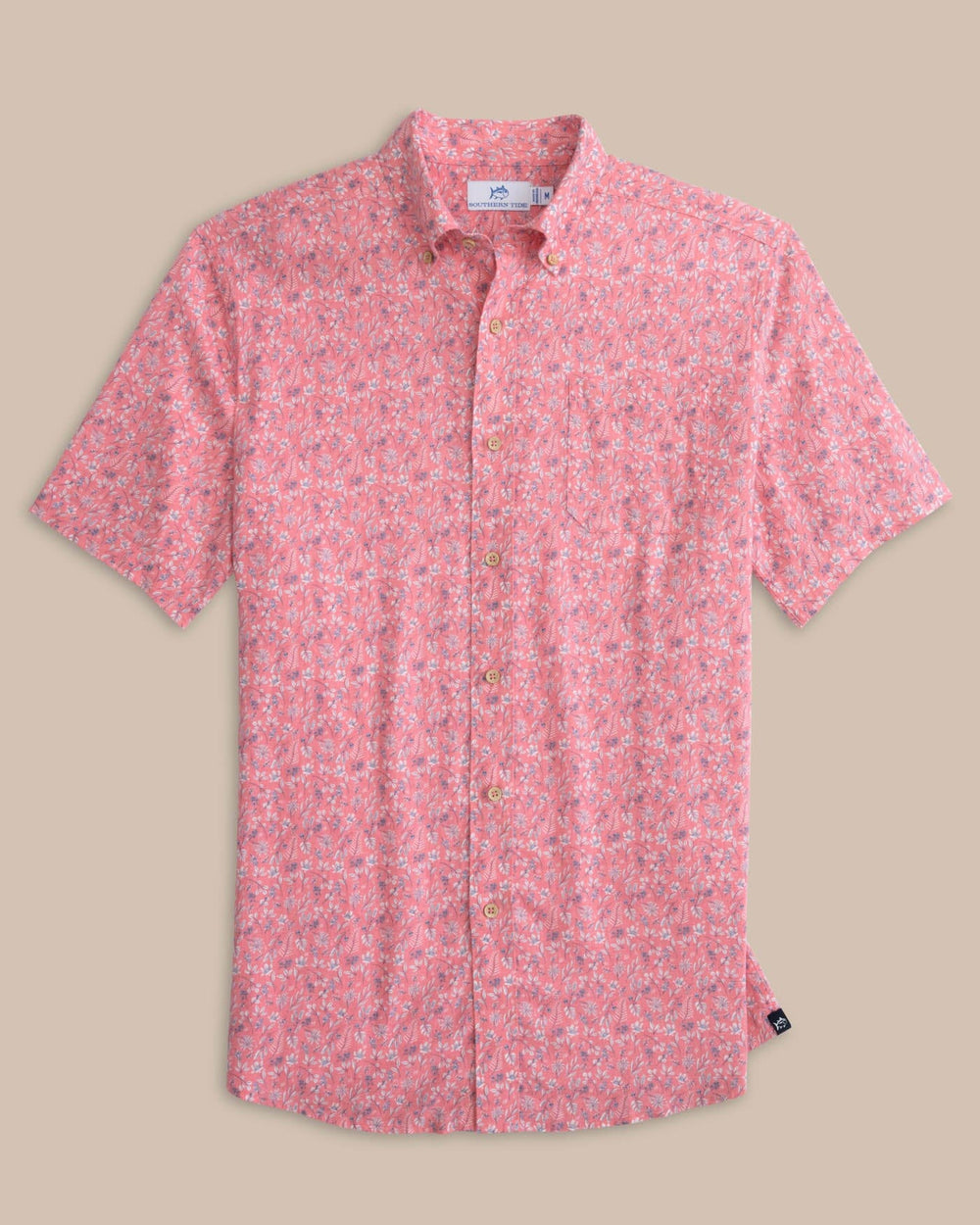The front view of the Southern Tide Linen Rayon Ditzy Floral Short Sleeve Sport Shirt by Southern Tide - Geranium Pink
