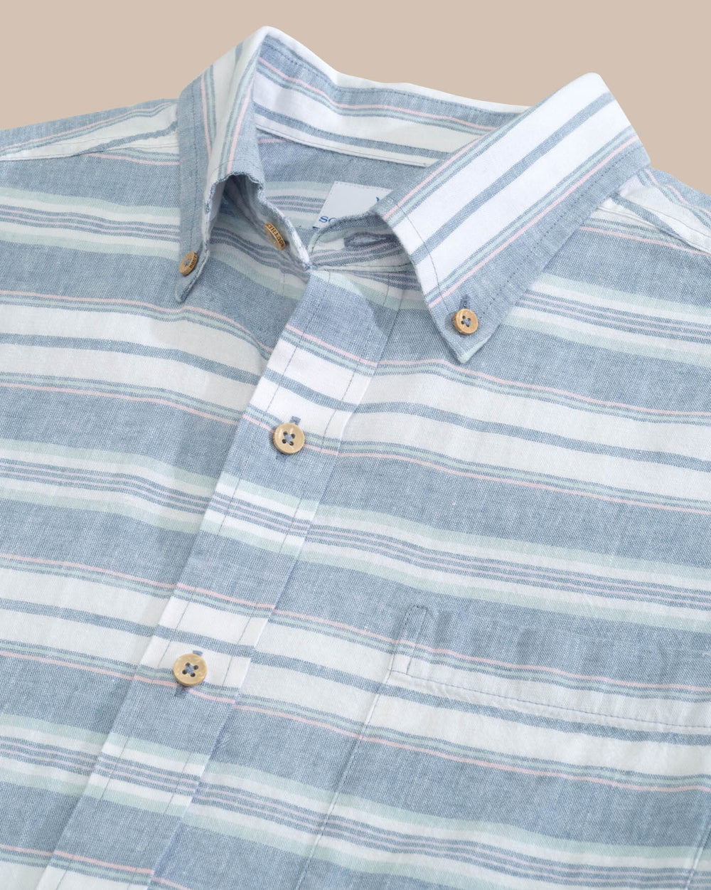 The detail view of the Southern Tide Linen Rayon Timmonsok Stripe Short Sleeve Sport Shirt by Southern Tide - Coronet Blue