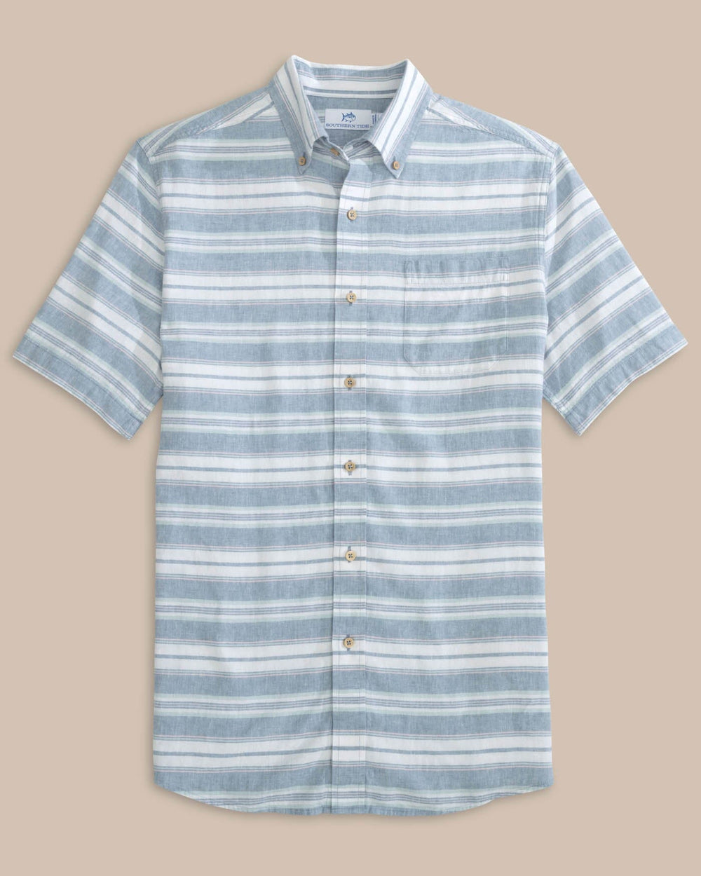 The front view of the Southern Tide Linen Rayon Timmonsok Stripe Short Sleeve Sport Shirt by Southern Tide - Coronet Blue