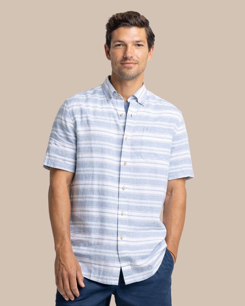 The front view of the Southern Tide Linen Rayon Timmonsok Stripe Short Sleeve Sport Shirt by Southern Tide - Coronet Blue