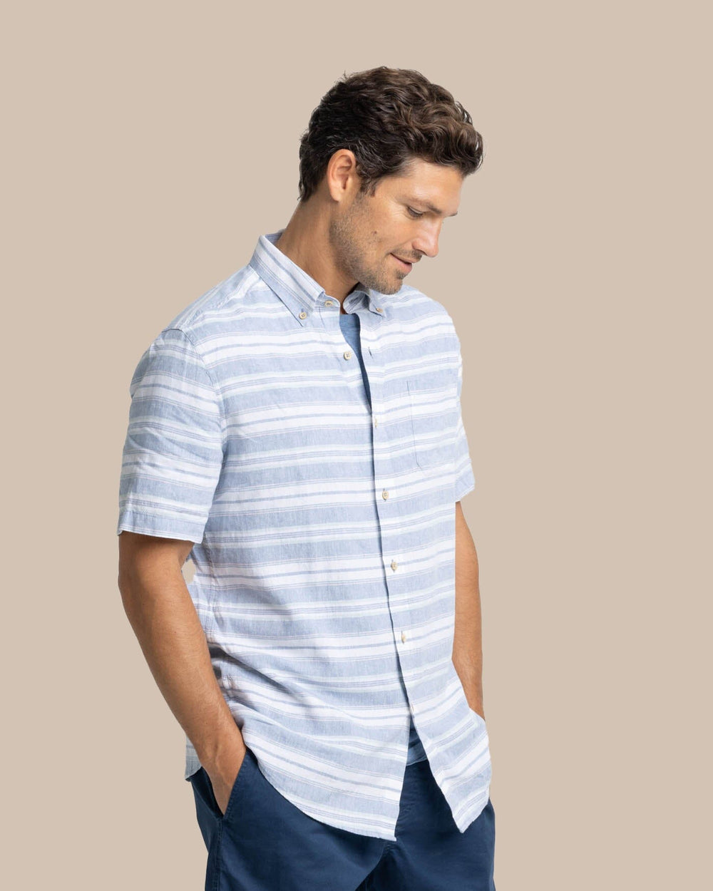 The front view of the Southern Tide Linen Rayon Timmonsok Stripe Short Sleeve Sport Shirt by Southern Tide - Coronet Blue