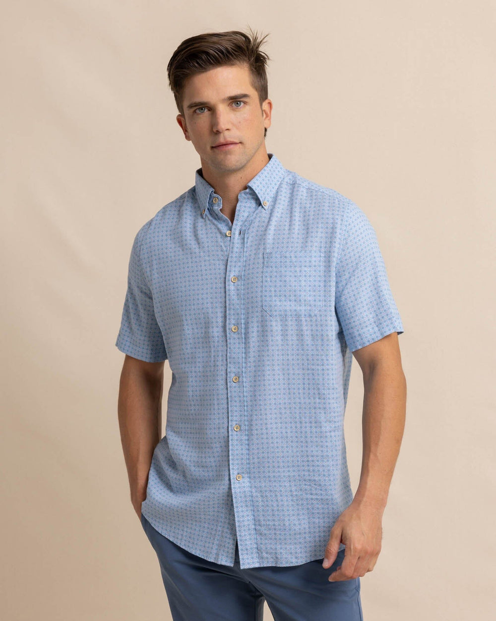 The front view of the Southern Tide Linen Rayon White Lotus Short Sleeve Sport Shirt by Southern Tide - Clearwater Blue