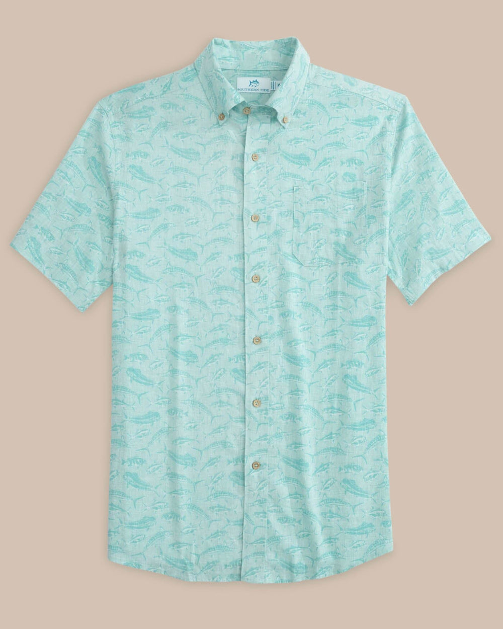 The front view of the Southern Tide Linen Rayon You've Been Schooled Short Sleeve Sportshirt by Southern Tide - Wake Blue
