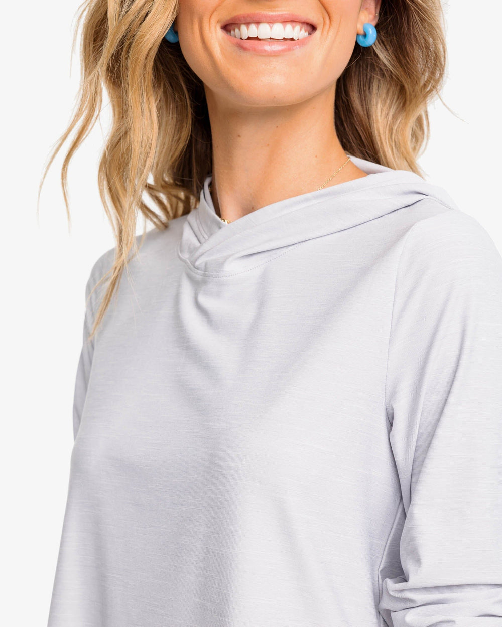 The detail view of the Southern Tide Linley brrr illiant Performance Hoodie by Southern Tide - Platinum Grey