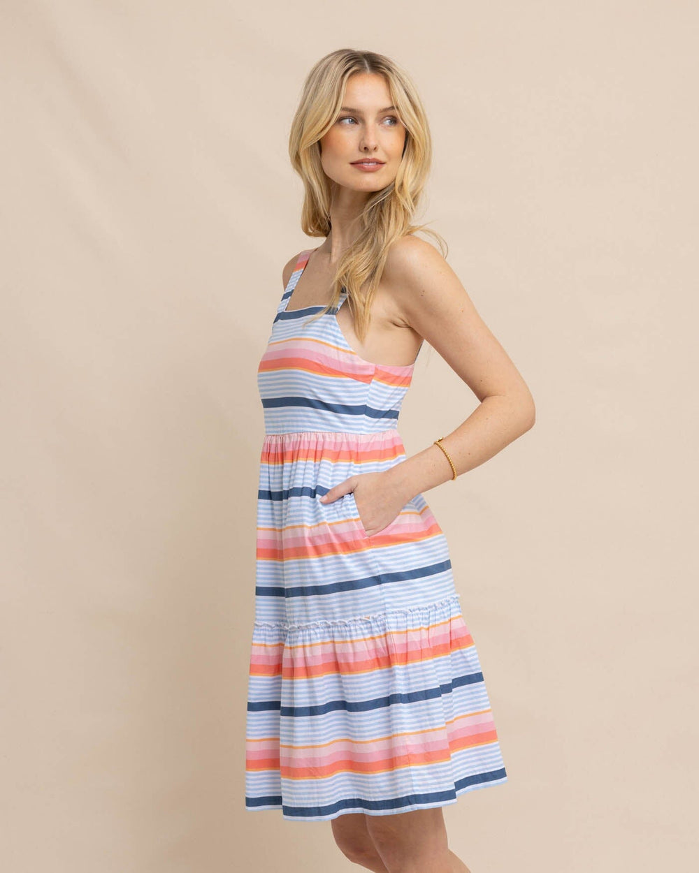 The front view of the Southern Tide Linsey Set Sail Stripe Dress by Southern Tide - Conch Shell