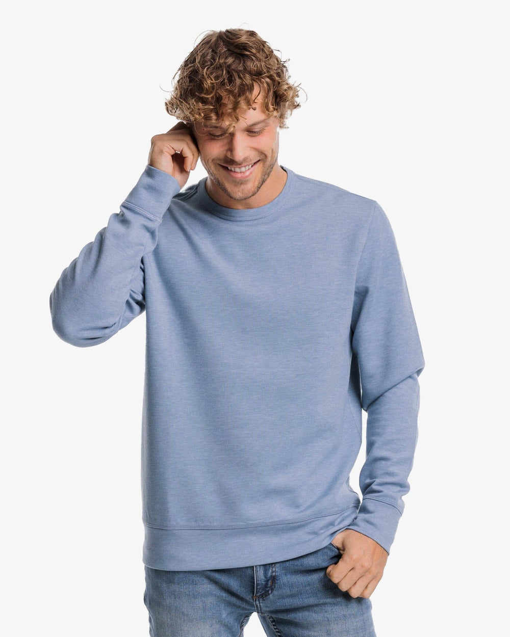 The front view of the Southern Tide Lockley Heather Interlock Crew by Southern Tide - Heather Blue Haze