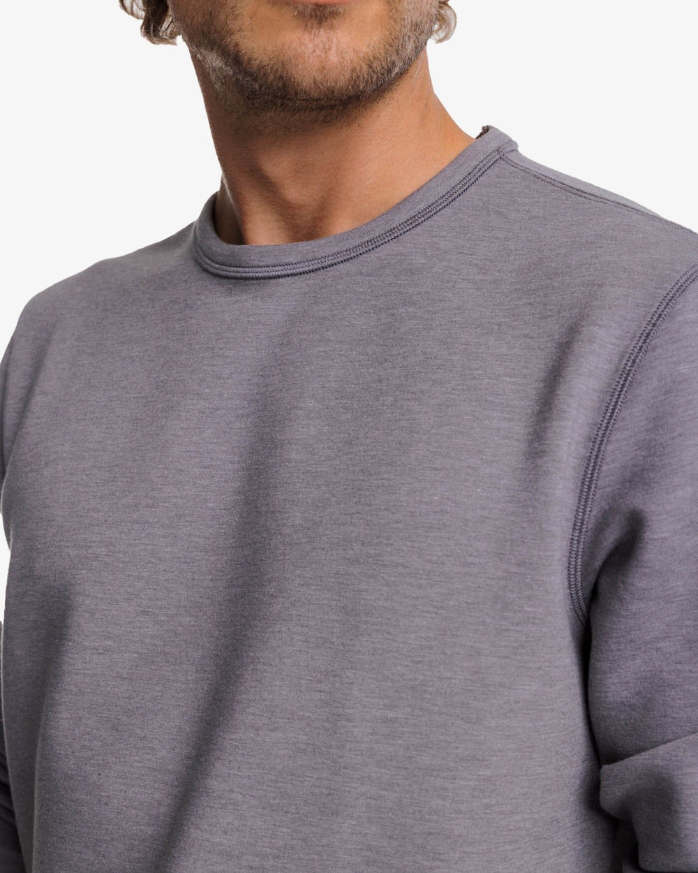The detail view of the Southern Tide Lockley Heather Interlock Crew by Southern Tide - Heather Shadow Grey
