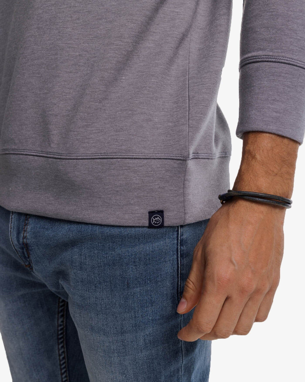 The detail view of the Southern Tide Lockley Heather Interlock Crew by Southern Tide - Heather Shadow Grey