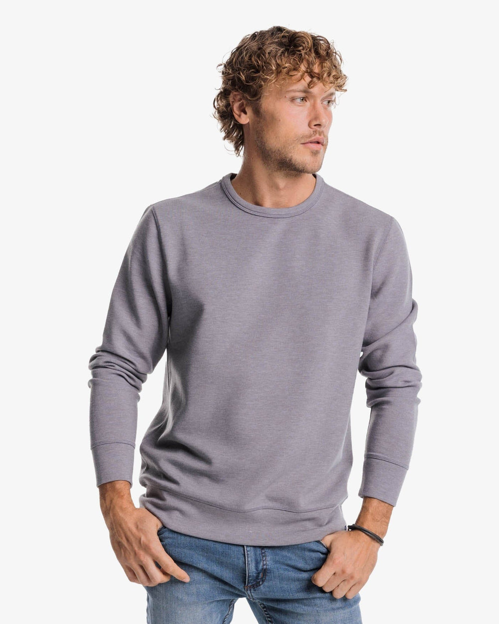 The front view of the Southern Tide Lockley Heather Interlock Crew by Southern Tide - Heather Shadow Grey