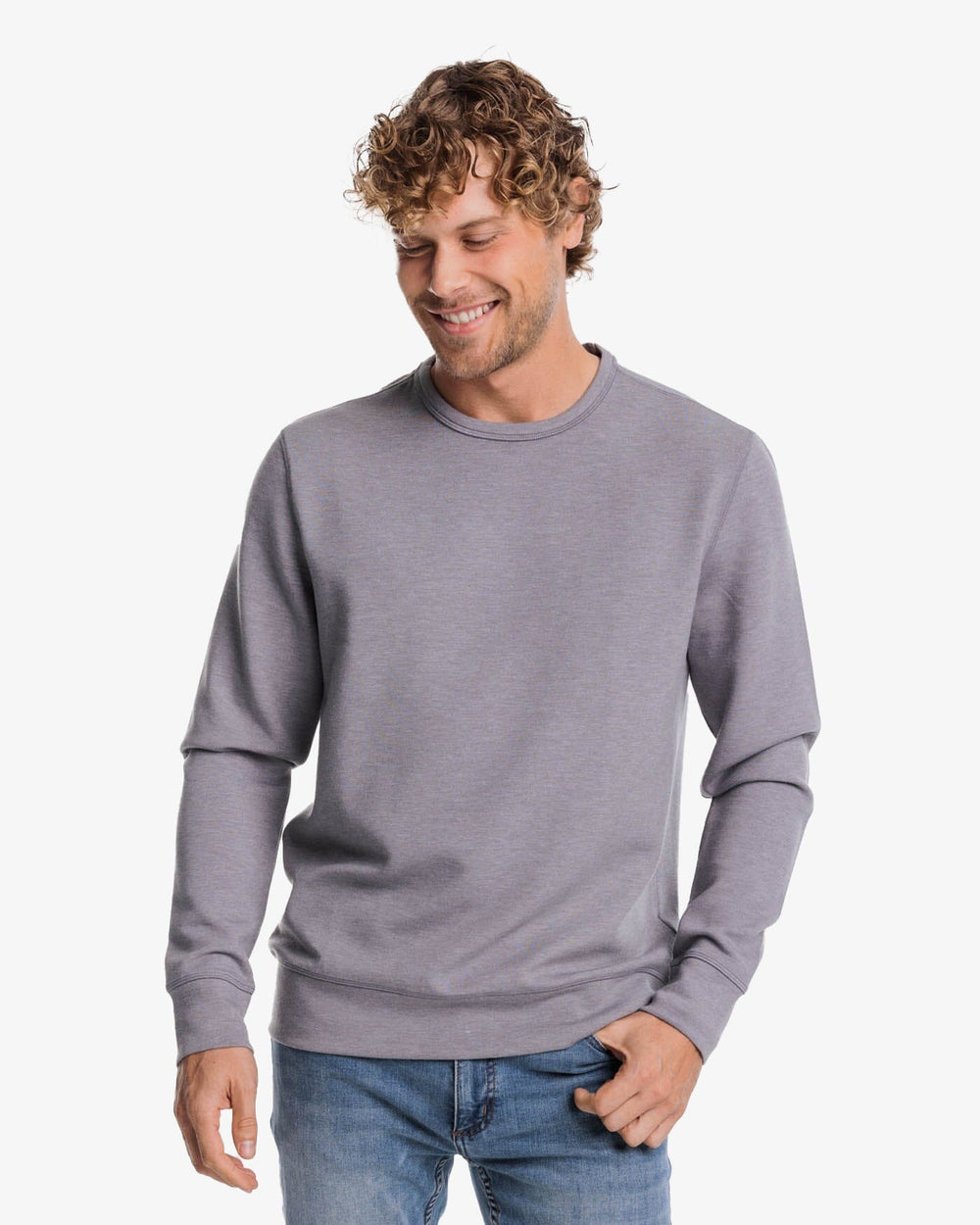 The front view of the Southern Tide Lockley Heather Interlock Crew by Southern Tide - Heather Shadow Grey
