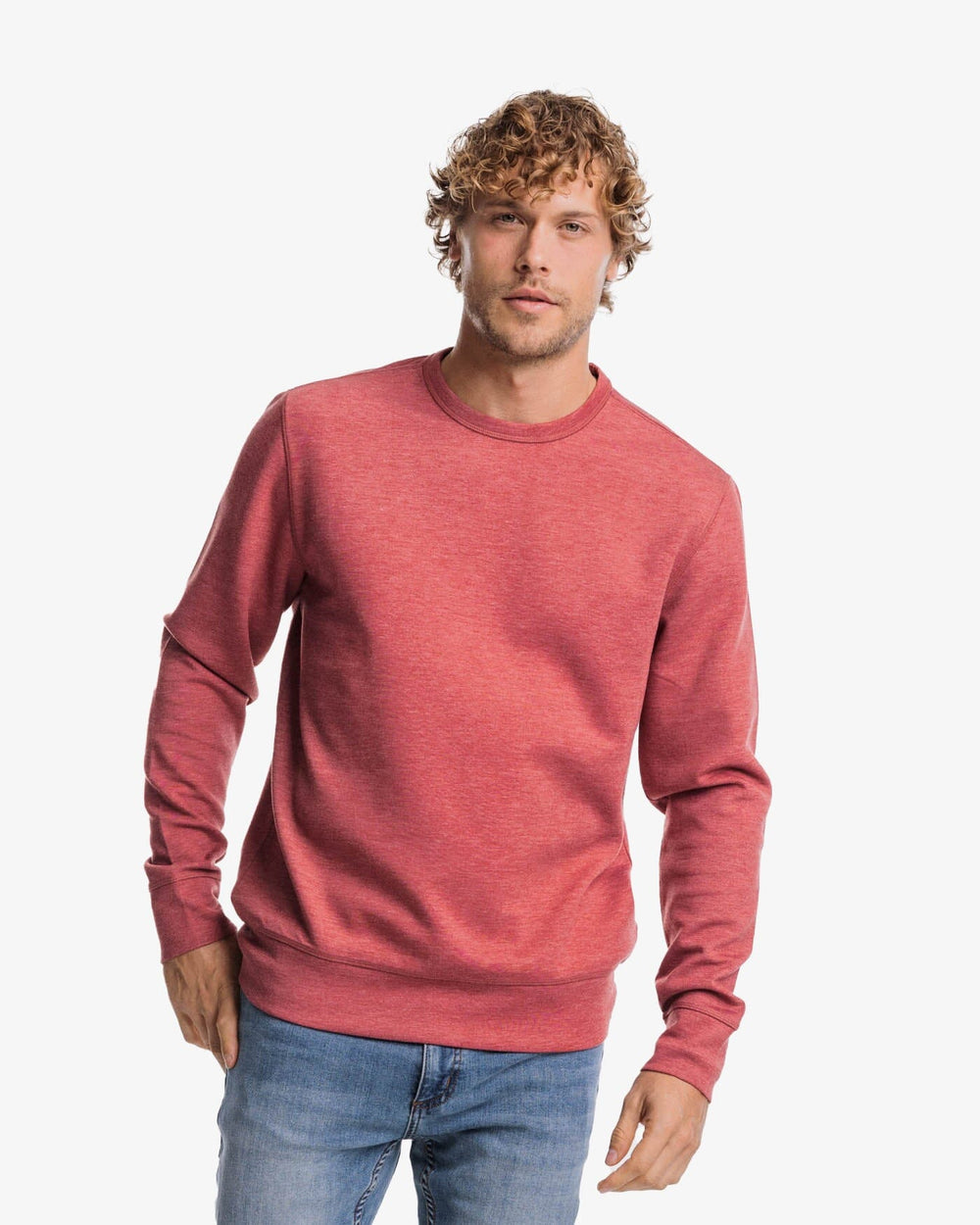 The front view of the Southern Tide Lockley Heather Interlock Crew by Southern Tide - Heather Tuscany Red