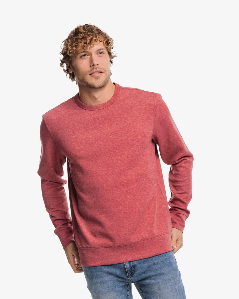 The front view of the Southern Tide Lockley Heather Interlock Crew by Southern Tide - Heather Tuscany Red