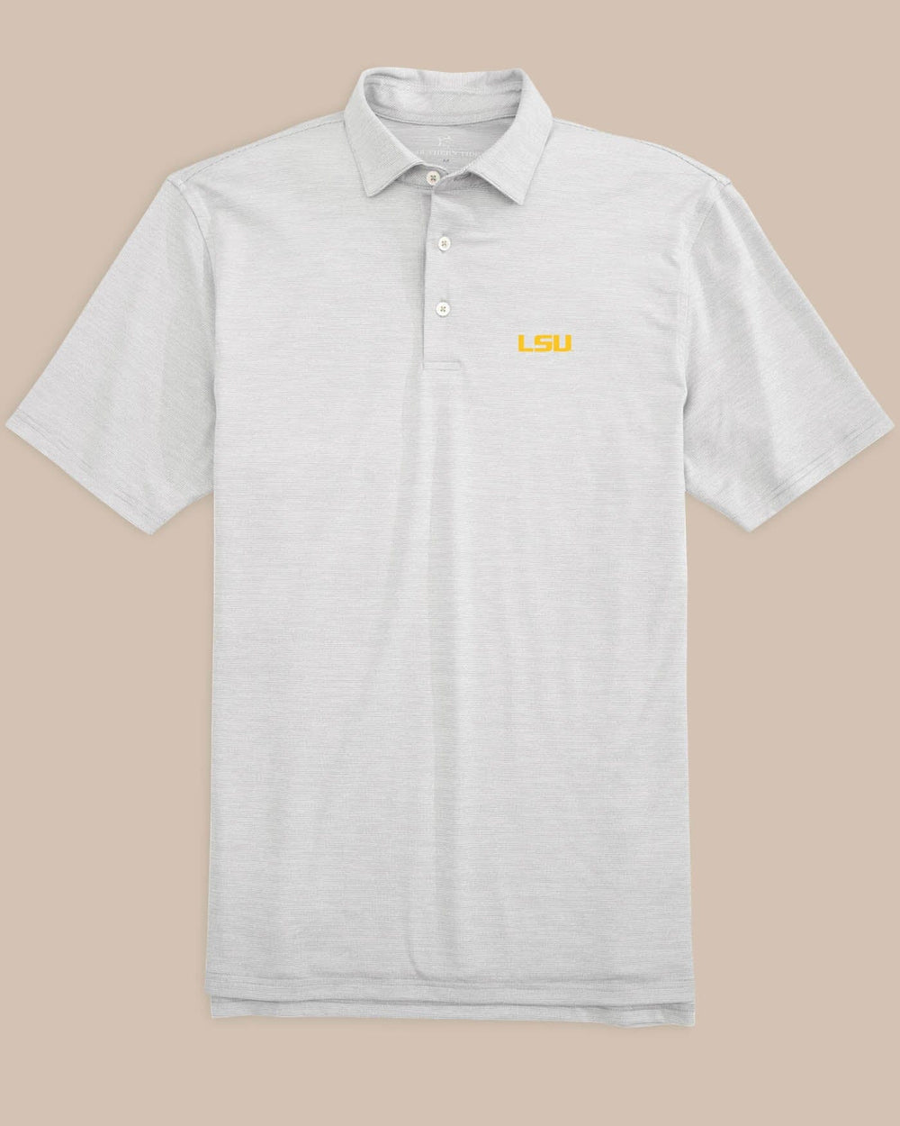 The front view of the LSU Tigers Driver Spacedye Polo Shirt by Southern Tide - Slate Grey