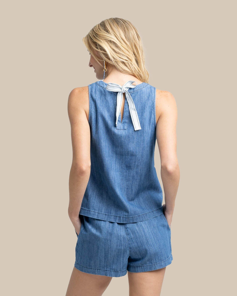 The back view of the Southern Tide Carissa Denim Tank by Southern Tide - Medium Wash Indigo