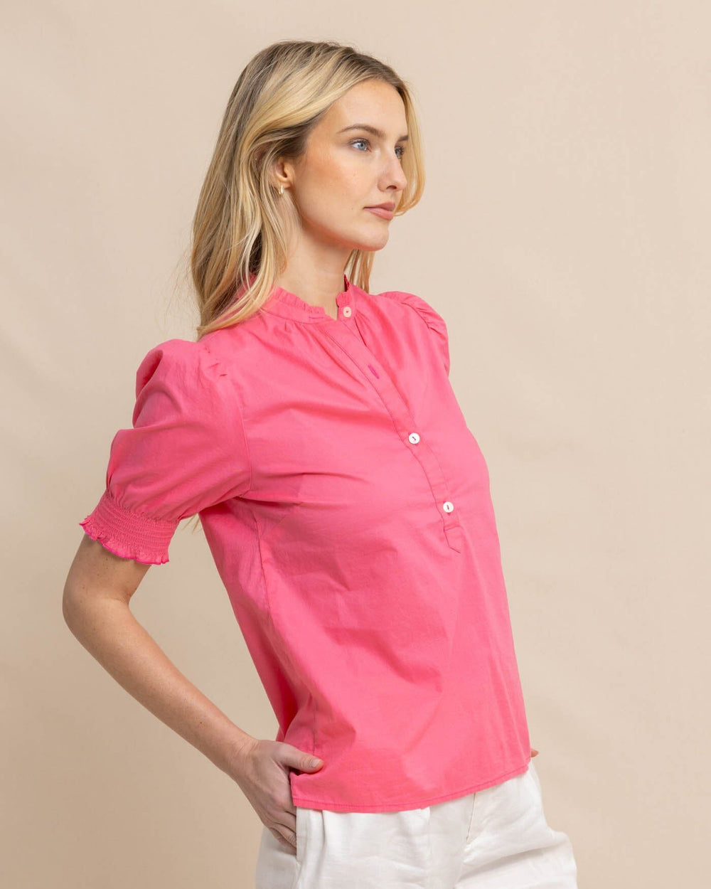 The front view of the Southern Tide Meadow Lawn Blouse by Southern Tide - Camelia Rose Pink