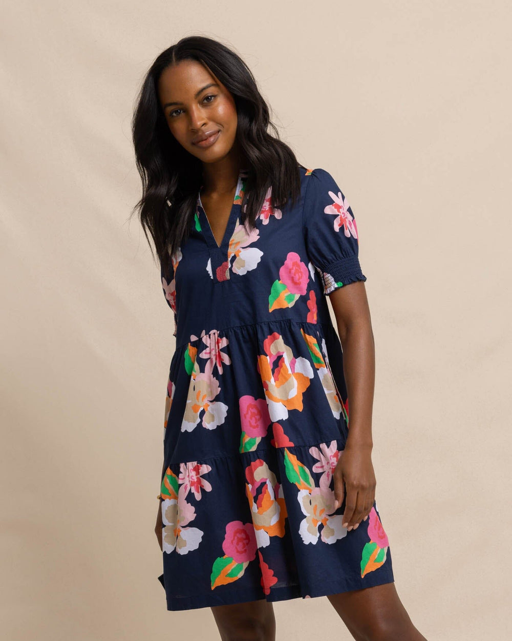 The front view of the Southern Tide Mina Garden Splendor Tiered Dress by Southern Tide - Dress Blue