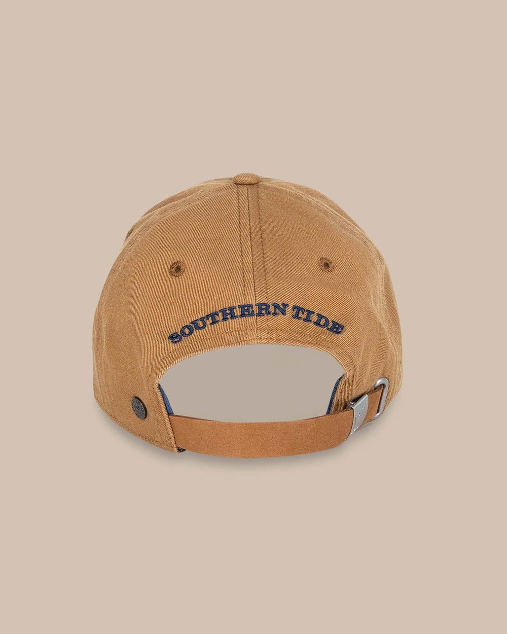 The back view of the Southern Tide Mini Skipjack Leather Strap Hat by Southern Tide - Camel