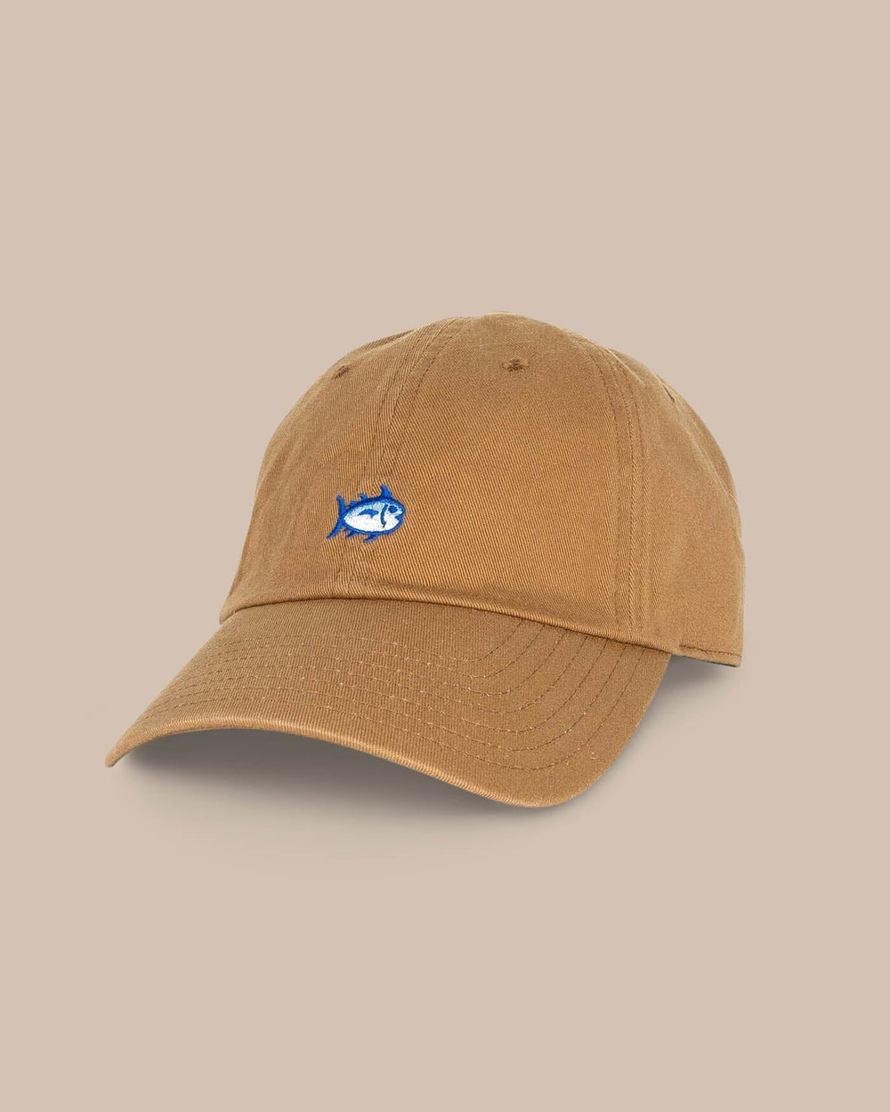 The front view of the Southern Tide Mini Skipjack Leather Strap Hat by Southern Tide - Camel