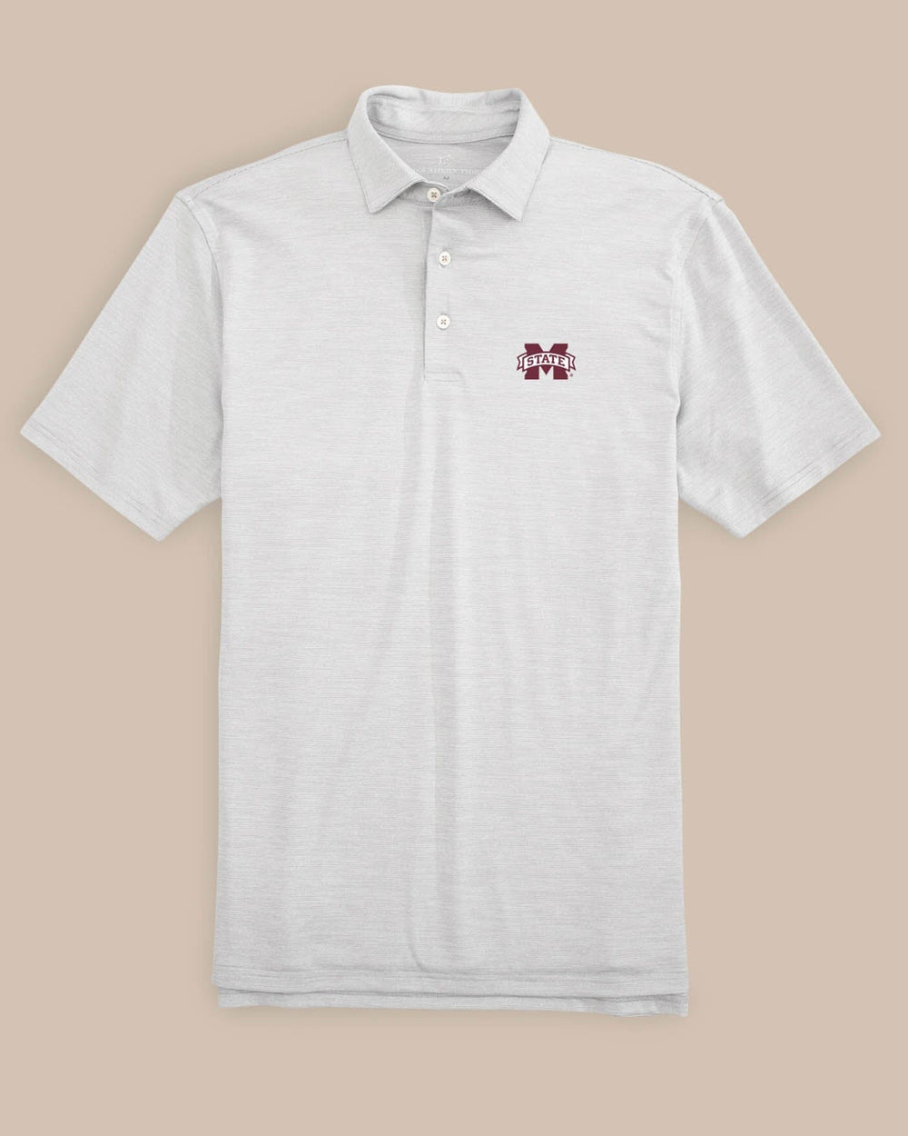 The front of the Mississippi State Bulldogs Driver Spacedye Polo Shirt by Southern Tide - Slate Grey
