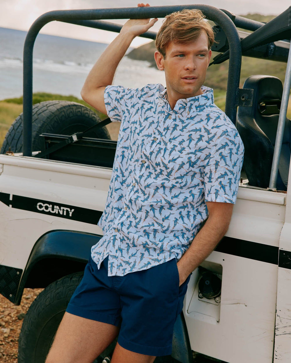 The front view of the Southern Tide Nailed It Linen Rayon Short Sleeve Sport Shirt by Southern Tide - Classic White