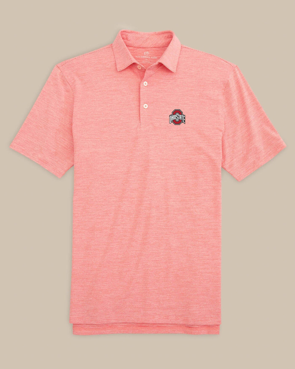 The front of the Ohio State Buckeyes Driver Spacedye Polo Shirt by Southern Tide - Varsity Red