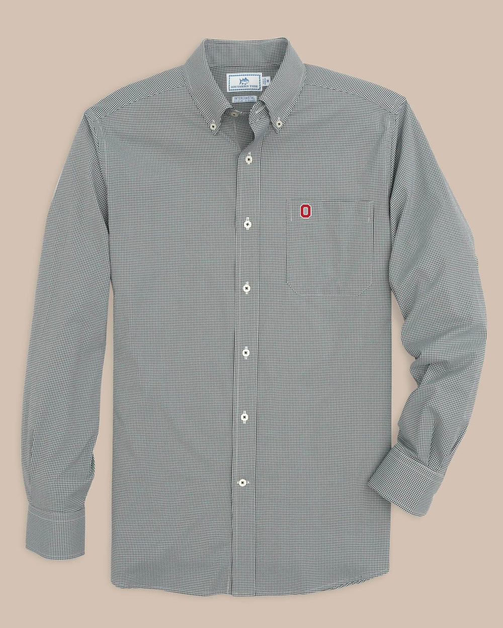 The front view of the Men's Black Ohio State Buckeyes Gingham Button Down Shirt by Southern Tide - Black