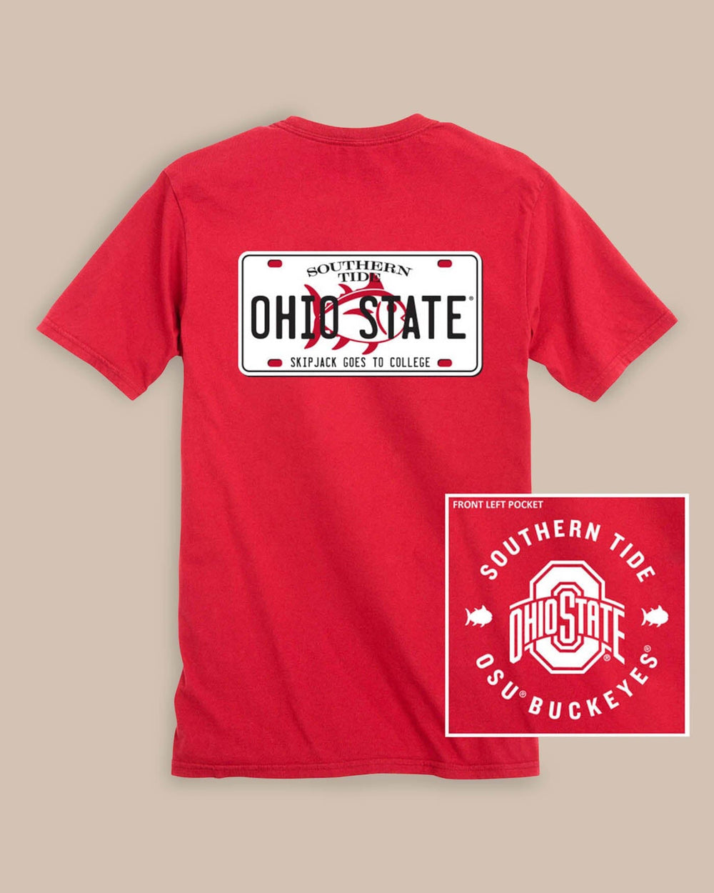 The front and back view of the Ohio State Buckeyes License Plate T-Shirt by Southern Tide - Varsity Red
