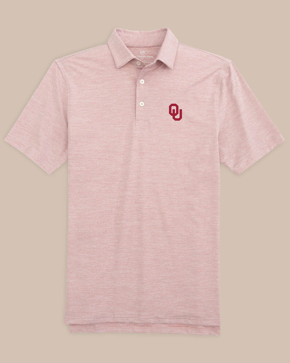 The front view of the Oklahoma Sooners Driver Spacedye Polo Shirt by Southern Tide - Crimson