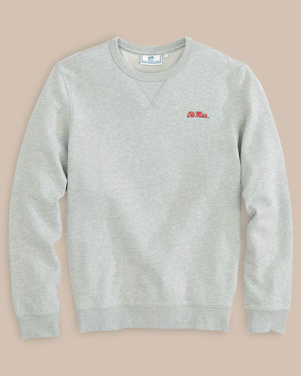The front view of the Men's Grey Ole Miss Upper Deck Pullover Sweatshirt by Southern Tide - Heather Slate Grey