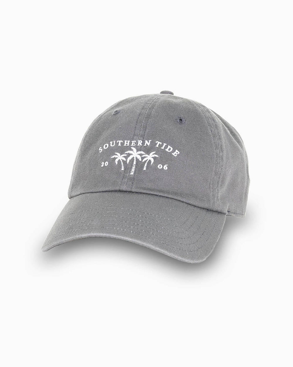 The front view of the Southern Tide Palm Trio Leather Strap Hat by Southern Tide - Grey