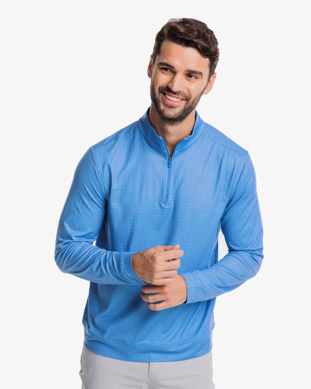 The front view of the Southern Tide Pine Ridge Print Cruiser Quarter Zip Pullover by Southern Tide - Atlantic Blue