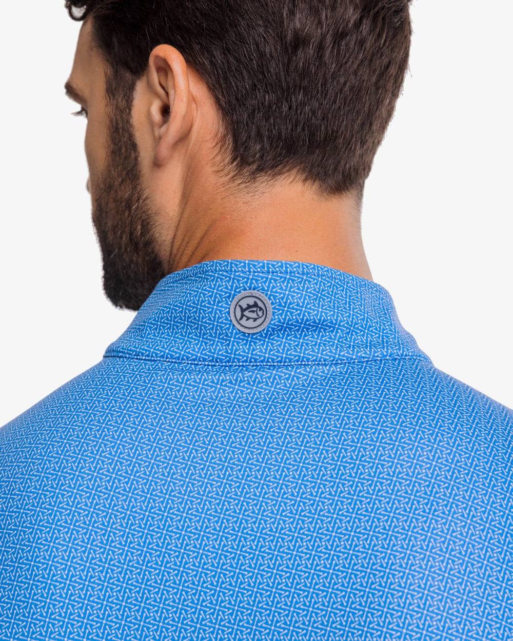 The yoke view of the Southern Tide Pine Ridge Print Cruiser Quarter Zip Pullover by Southern Tide - Atlantic Blue