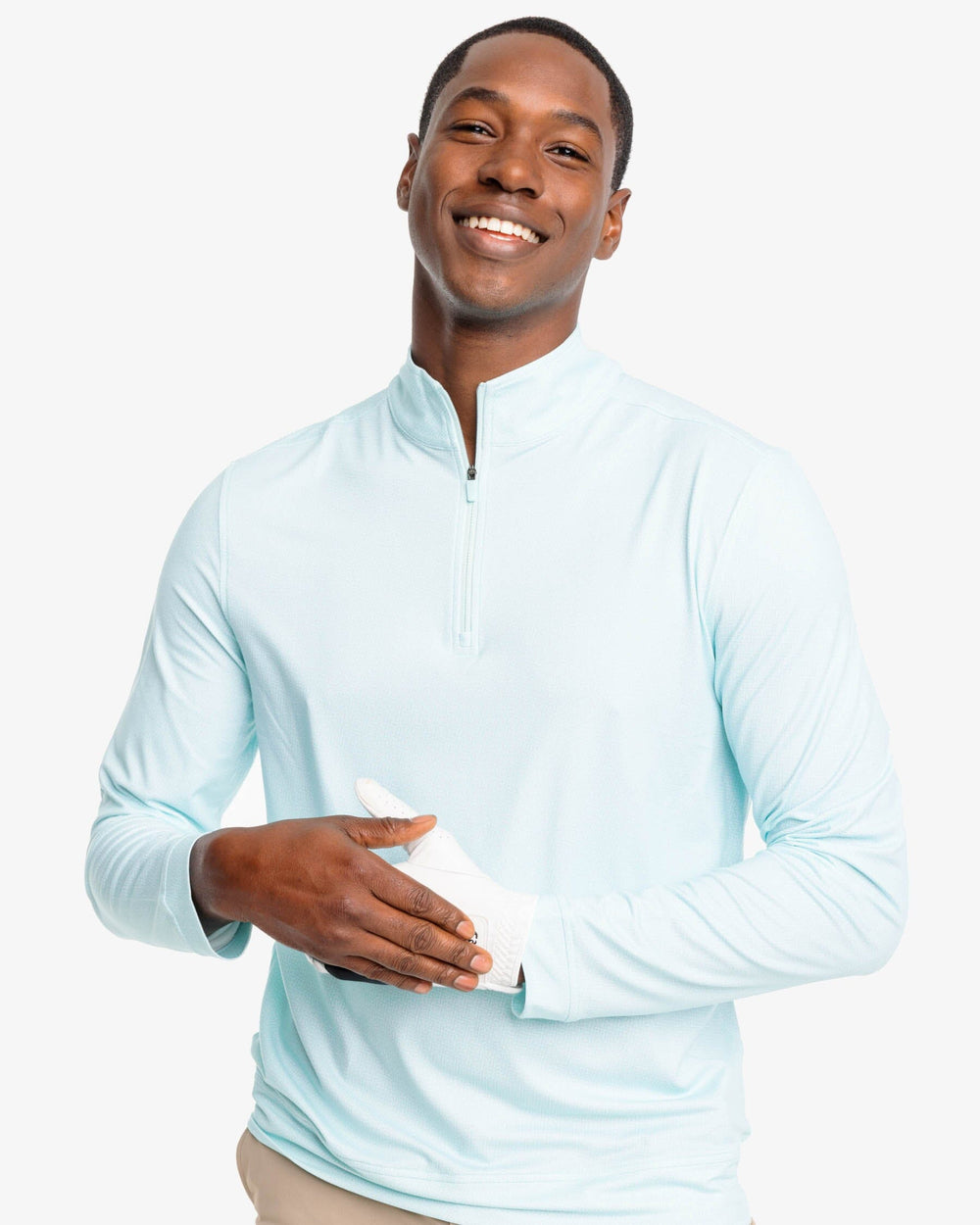 The front view of the Southern Tide Pine Ridge Print Cruiser Quarter Zip Pullover by Southern Tide - Baltic Teal