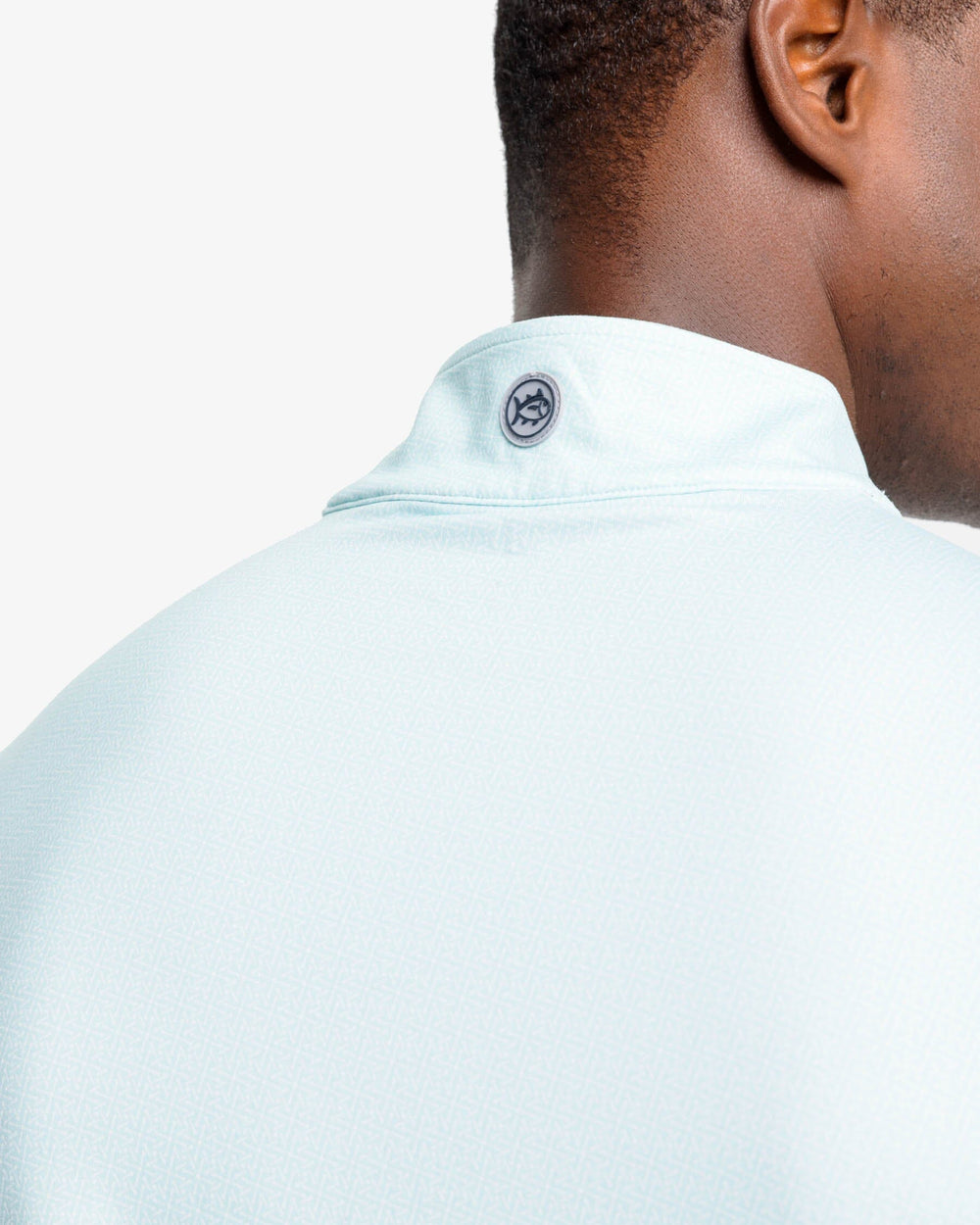 The yoke view of the Southern Tide Pine Ridge Print Cruiser Quarter Zip Pullover by Southern Tide - Baltic Teal