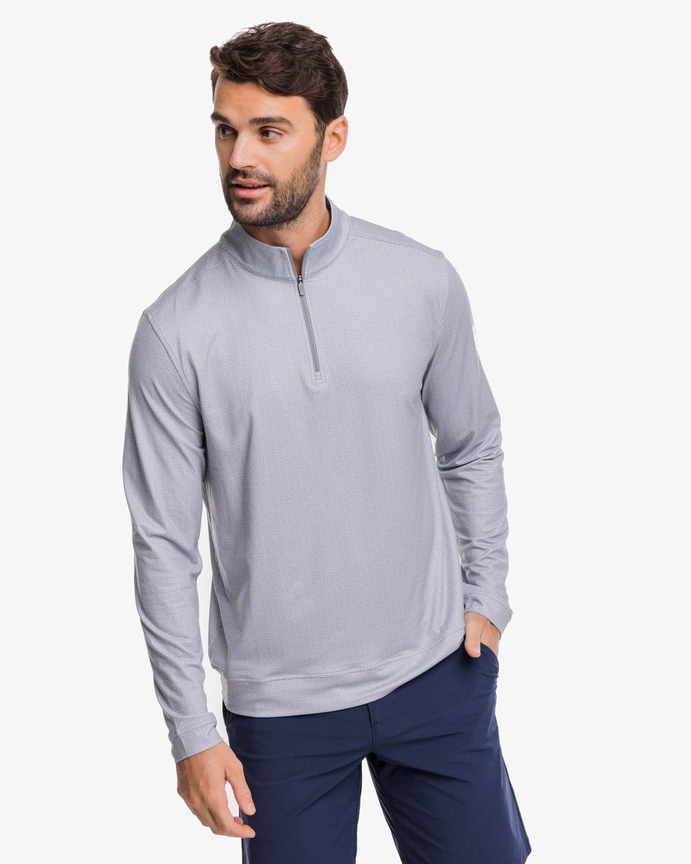 The front view of the Southern Tide Pine Ridge Print Cruiser Quarter Zip Pullover by Southern Tide - Steel Grey
