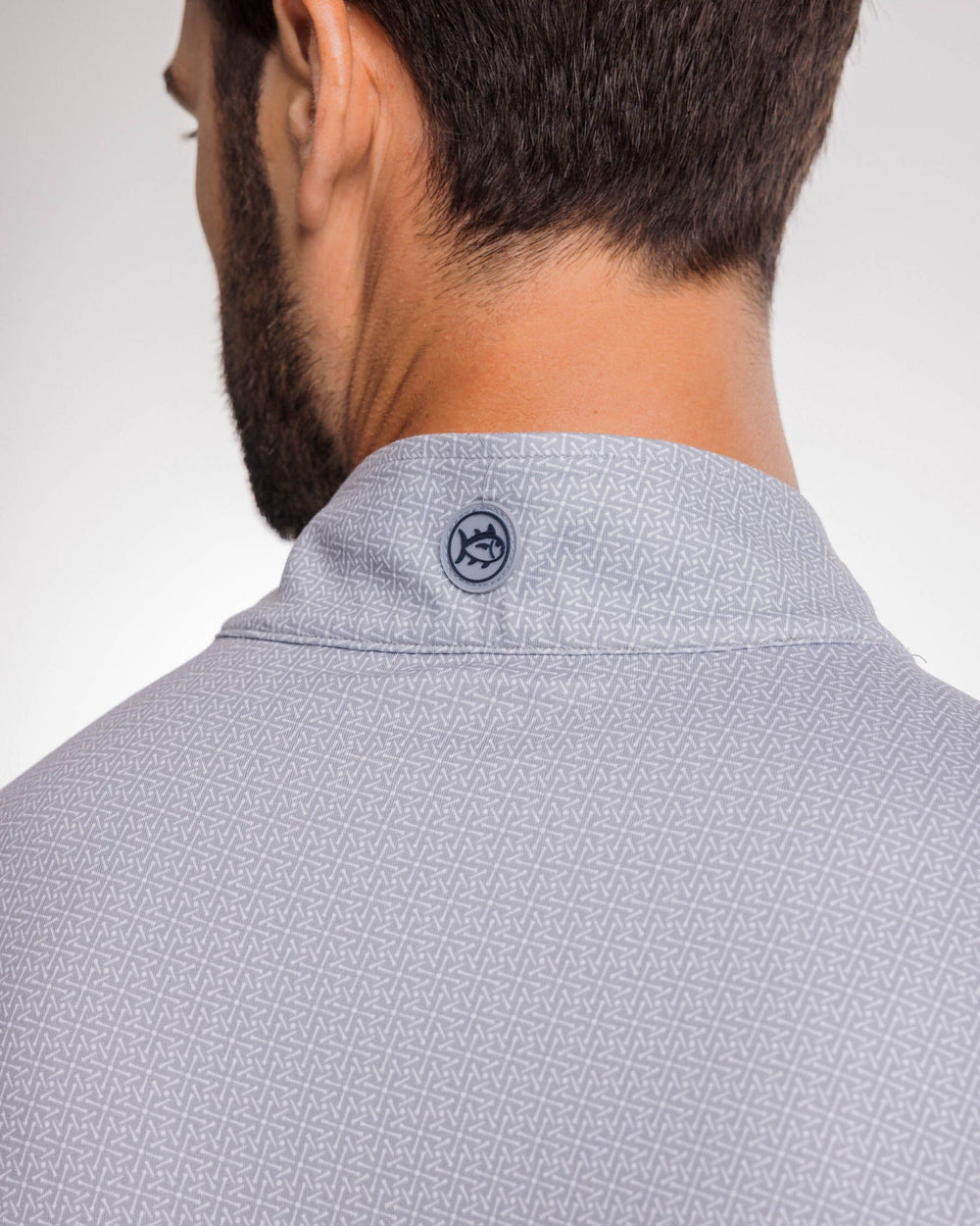 The yoke view of the Southern Tide Pine Ridge Print Cruiser Quarter Zip Pullover by Southern Tide - Steel Grey
