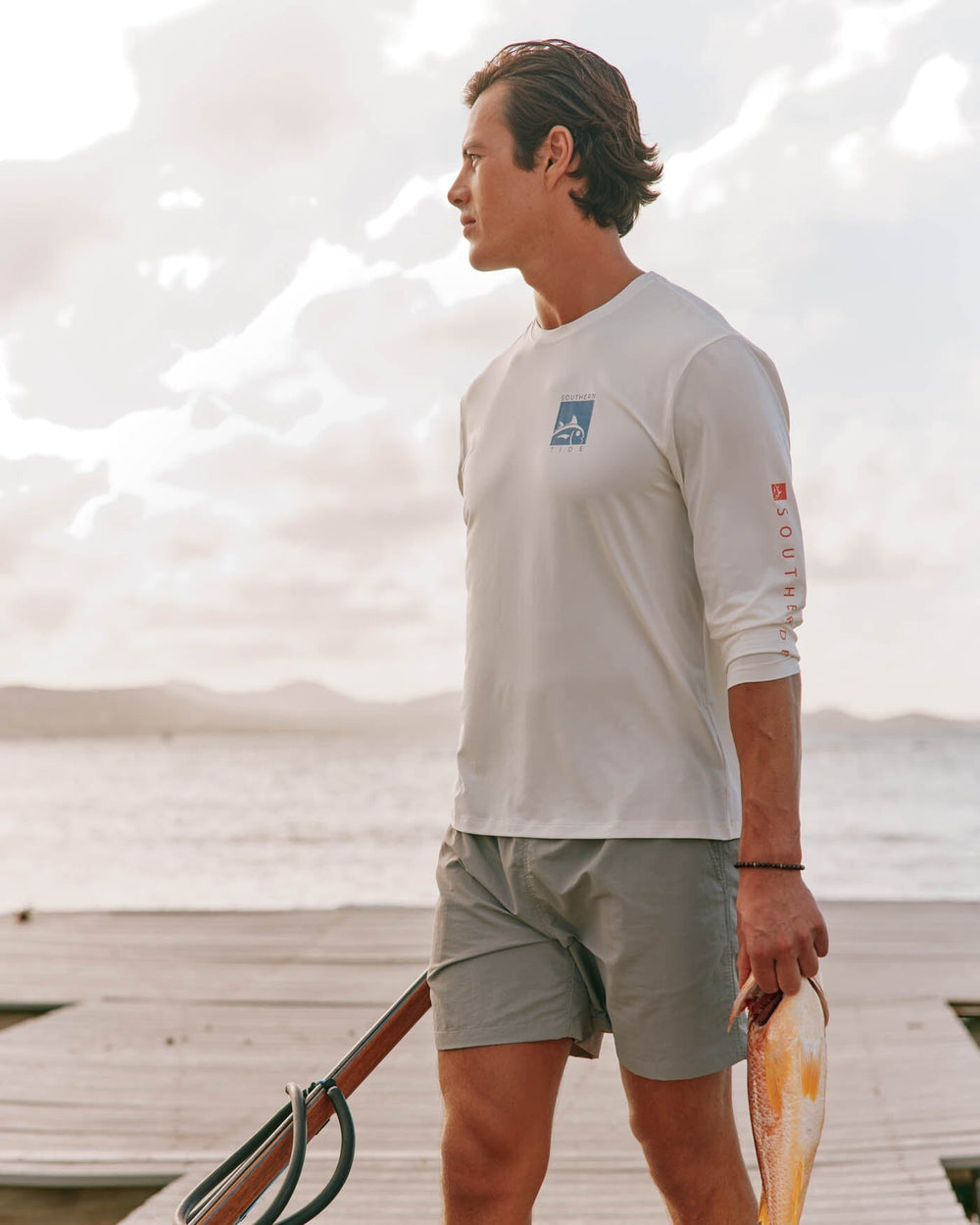 The model front view of the Men's Shoreline 6 Inch Short by Southern Tide  - Frost Grey