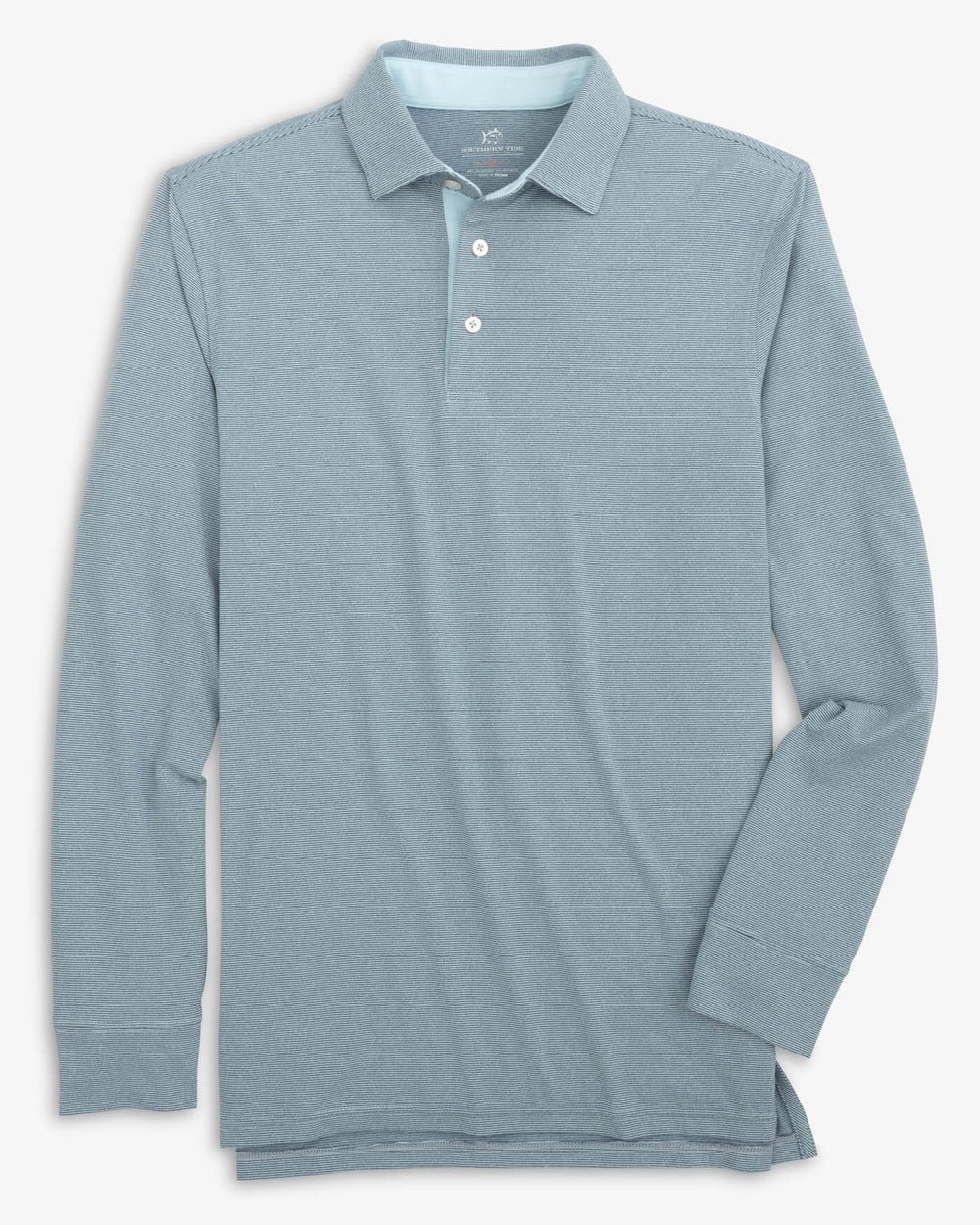 The front view of the Southern Tide Ryder Heather Ridgeway Stripe Long Sleeve Performance Polo by Southern Tide - Heather Dress Blue
