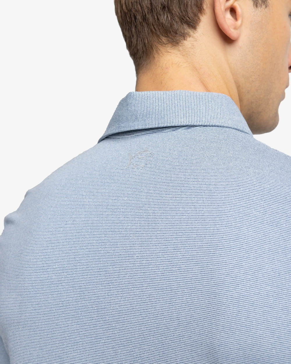 The yoke view of the Southern Tide Ryder Heather Ridgeway Stripe Long Sleeve Performance Polo by Southern Tide - Heather Dress Blue
