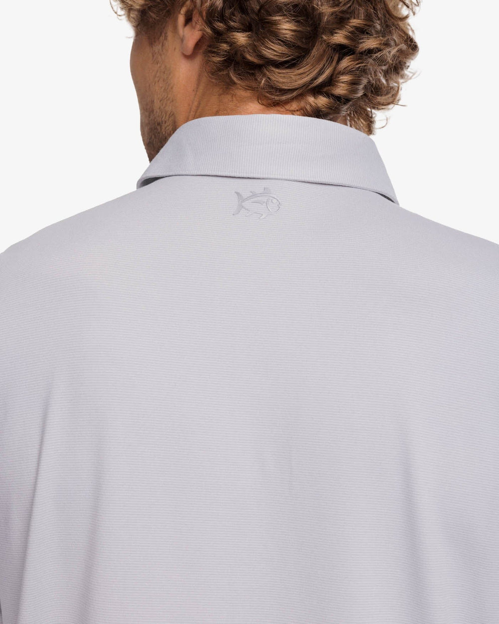 The yoke view of the Southern Tide Ryder Heather Ridgeway Stripe Long Sleeve Performance Polo by Southern Tide - Heather Platinum Grey