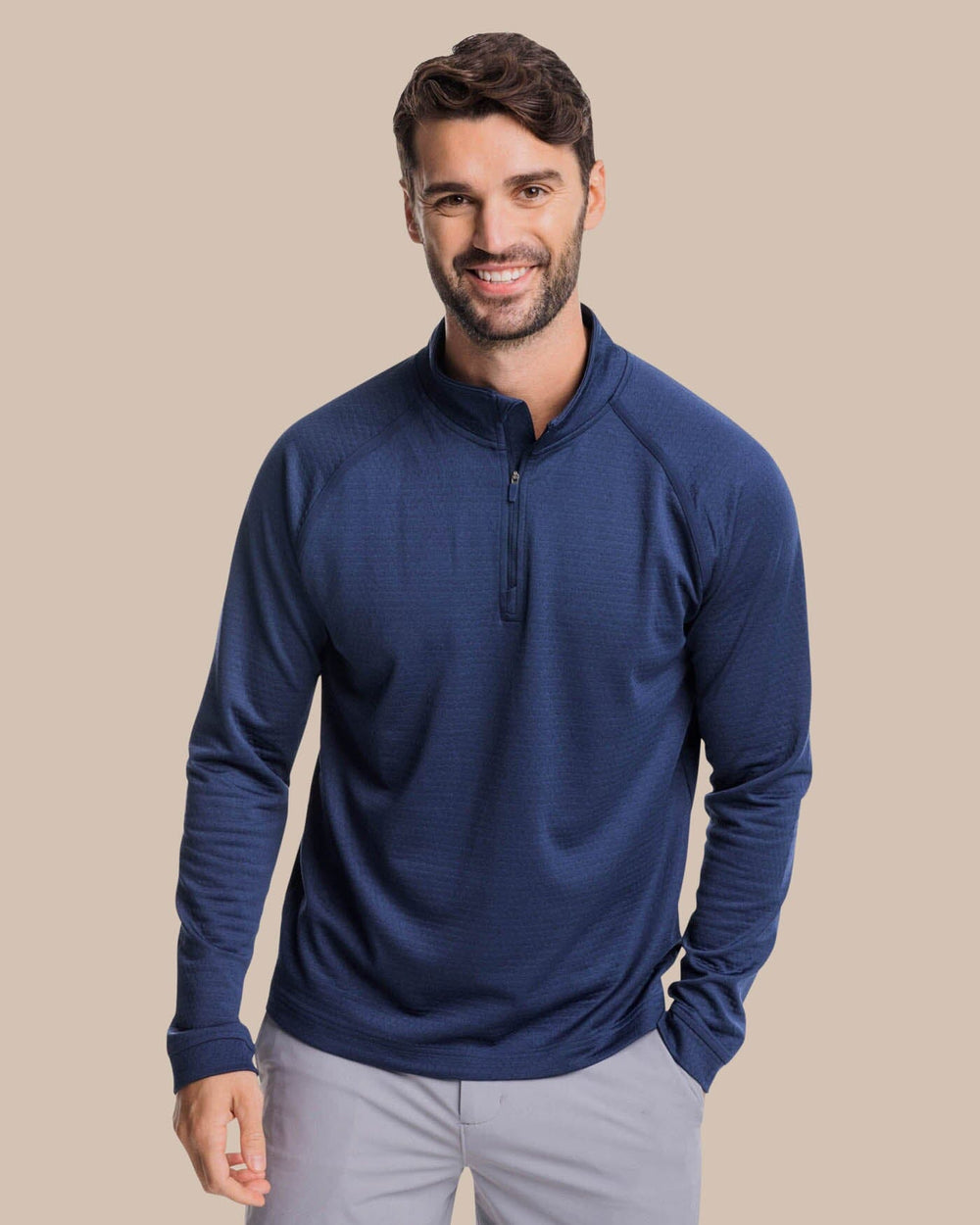 The front view of the Southern Tide Scuttle Heather Quarter Zip Pullover by Southern Tide - Heather True Navy